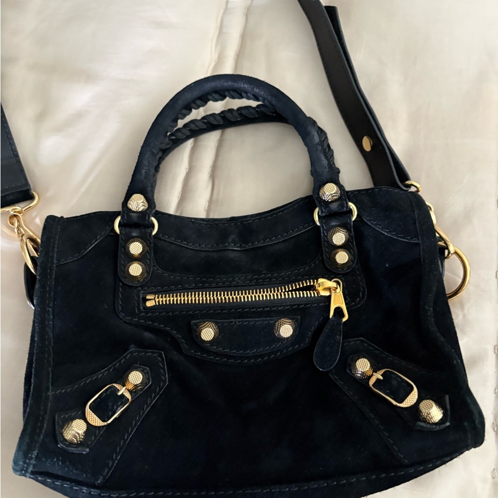 Black Suede Mini Top-Handle Bag with Gold Hardware